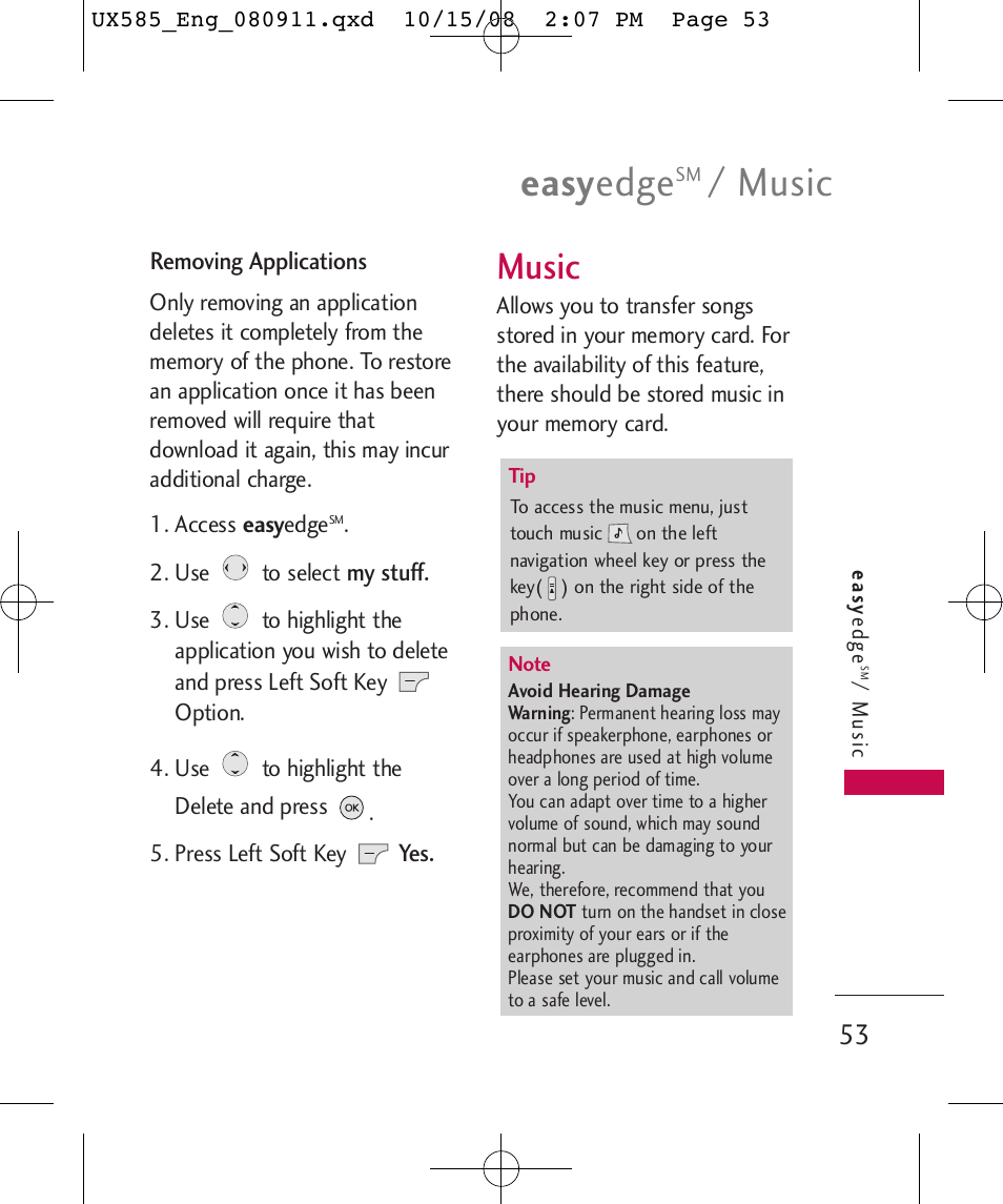 Easy edge, Music | LG LGUX585 User Manual | Page 55 / 240