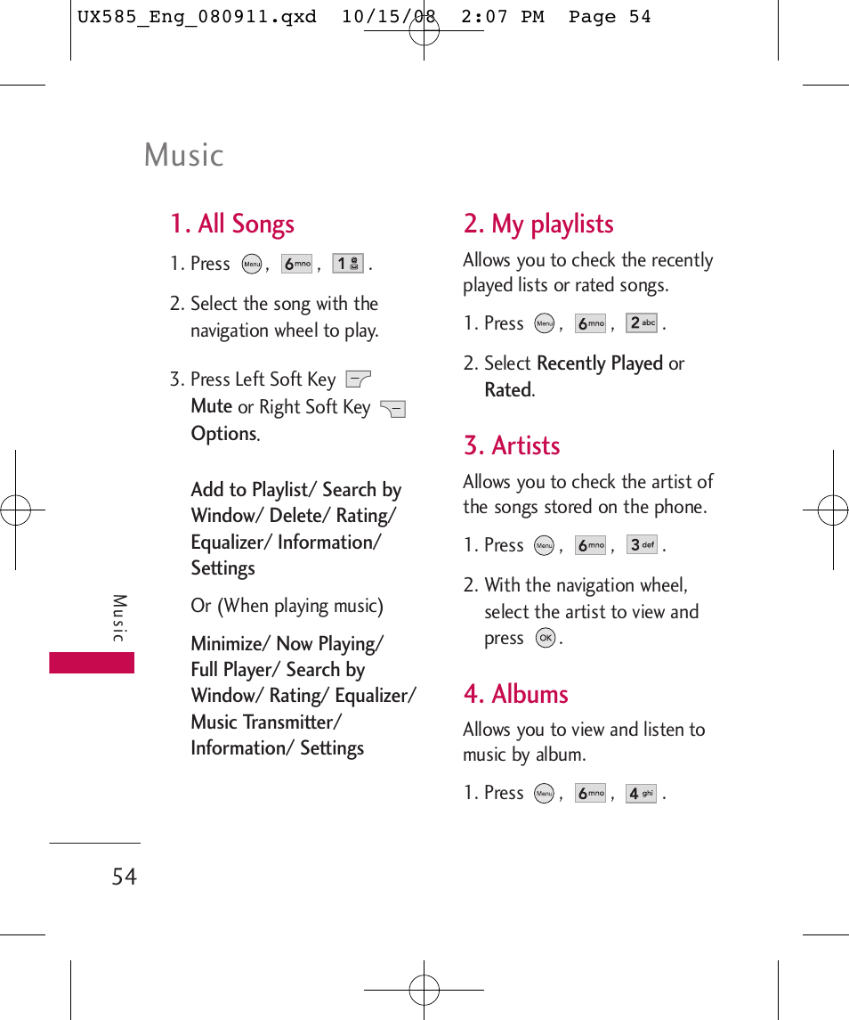 Music, All songs, My playlists | Artists, Albums | LG LGUX585 User Manual | Page 56 / 240