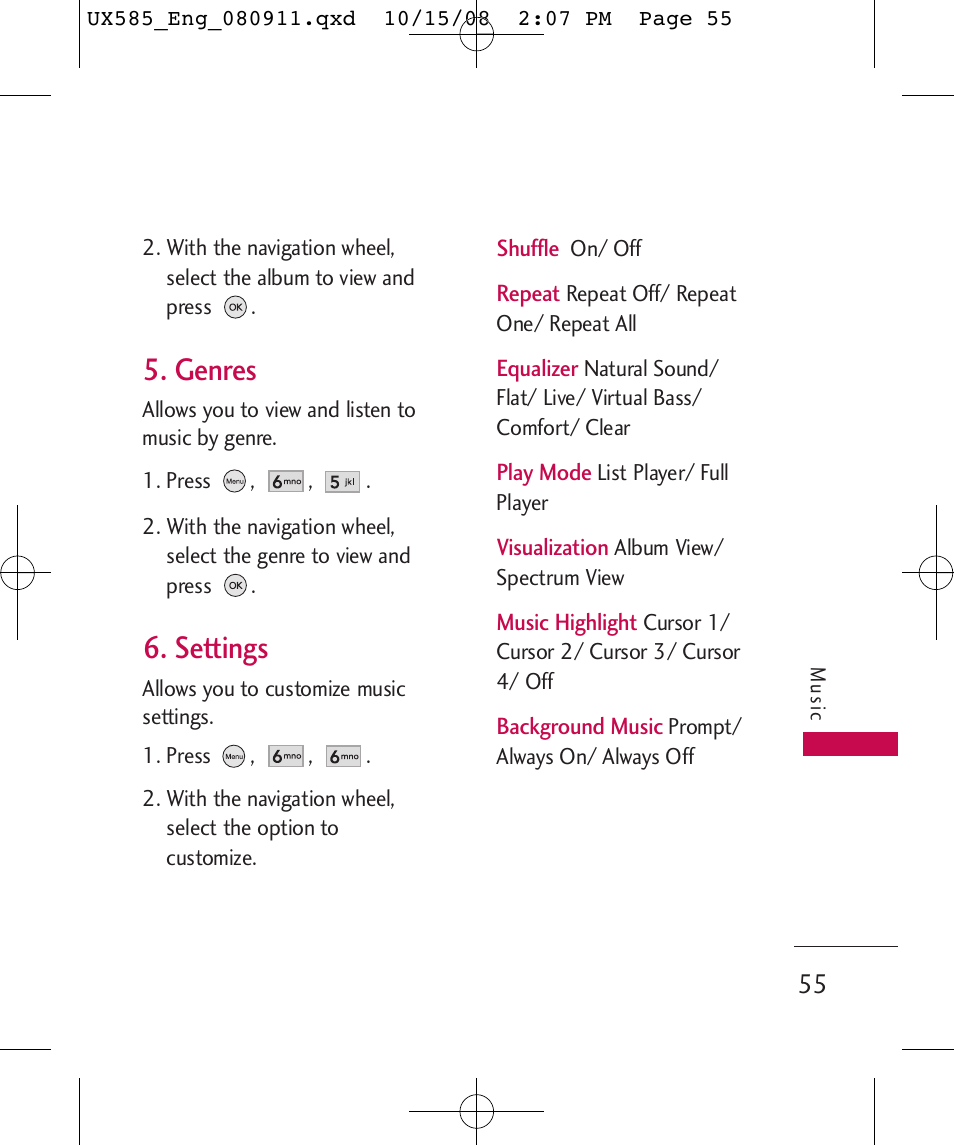 Genres, Settings | LG LGUX585 User Manual | Page 57 / 240