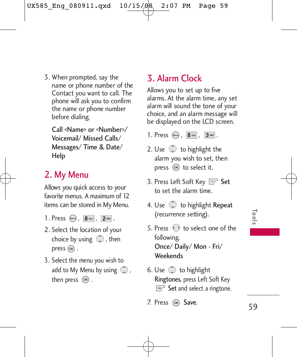 My menu, Alarm clock | LG LGUX585 User Manual | Page 61 / 240