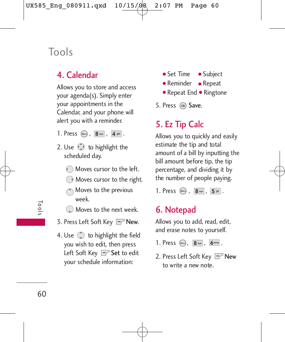 Tools, Calendar, Ez tip calc | LG LGUX585 User Manual | Page 62 / 240