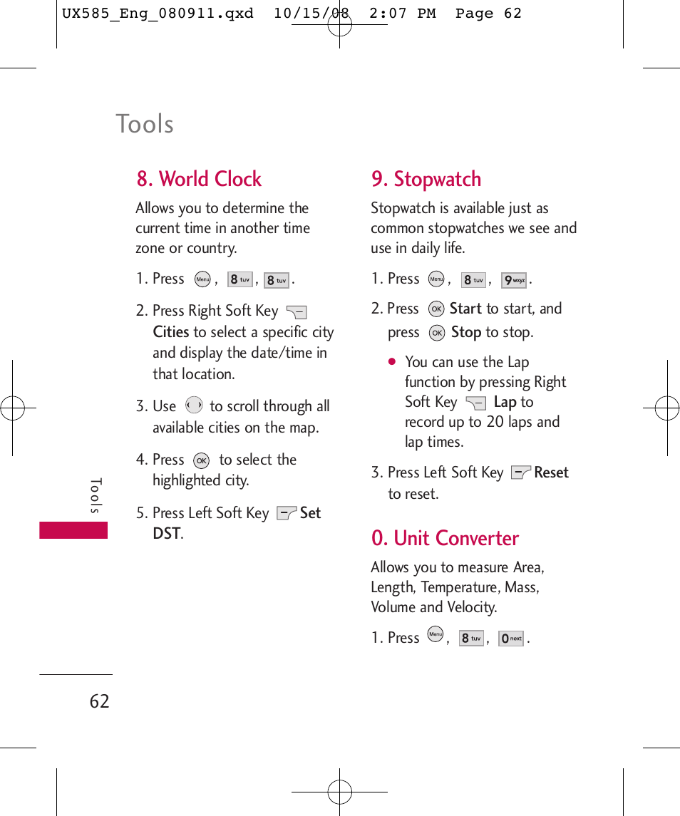 Tools, World clock, Stopwatch | Unit converter | LG LGUX585 User Manual | Page 64 / 240