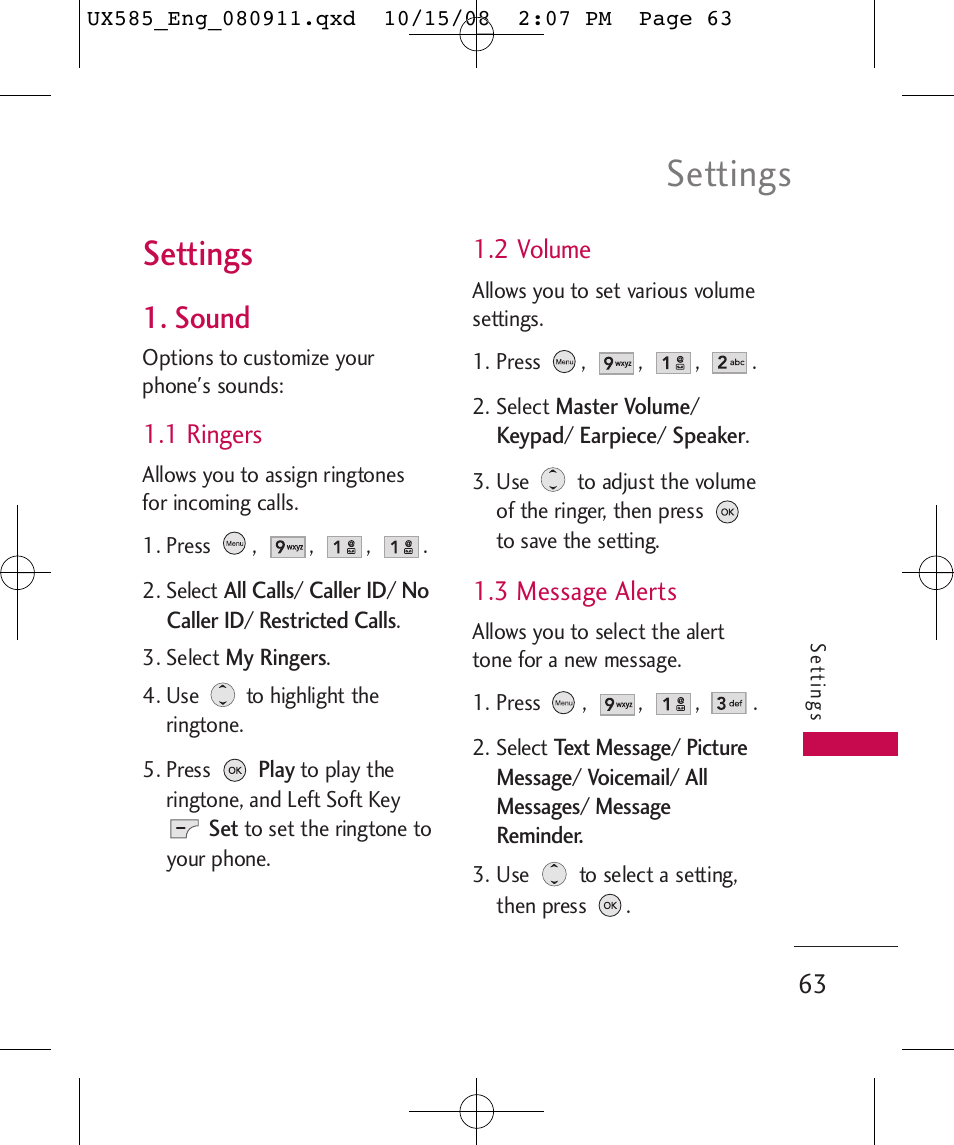 Settings, Sound, 1 ringers | 2 volume, 3 message alerts | LG LGUX585 User Manual | Page 65 / 240