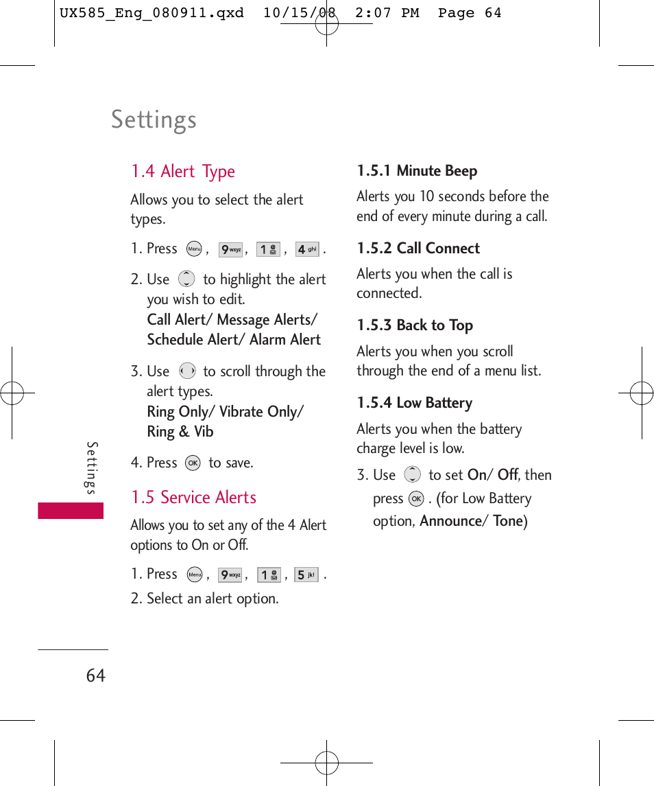 Settings, 4 alert type, 5 service alerts | LG LGUX585 User Manual | Page 66 / 240