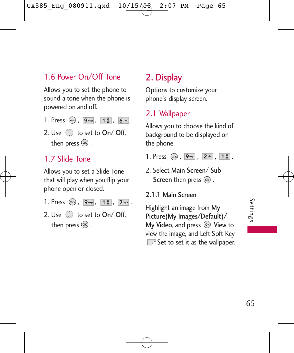 Display, 6 power on/off tone, 7 slide tone | 1 wallpaper | LG LGUX585 User Manual | Page 67 / 240