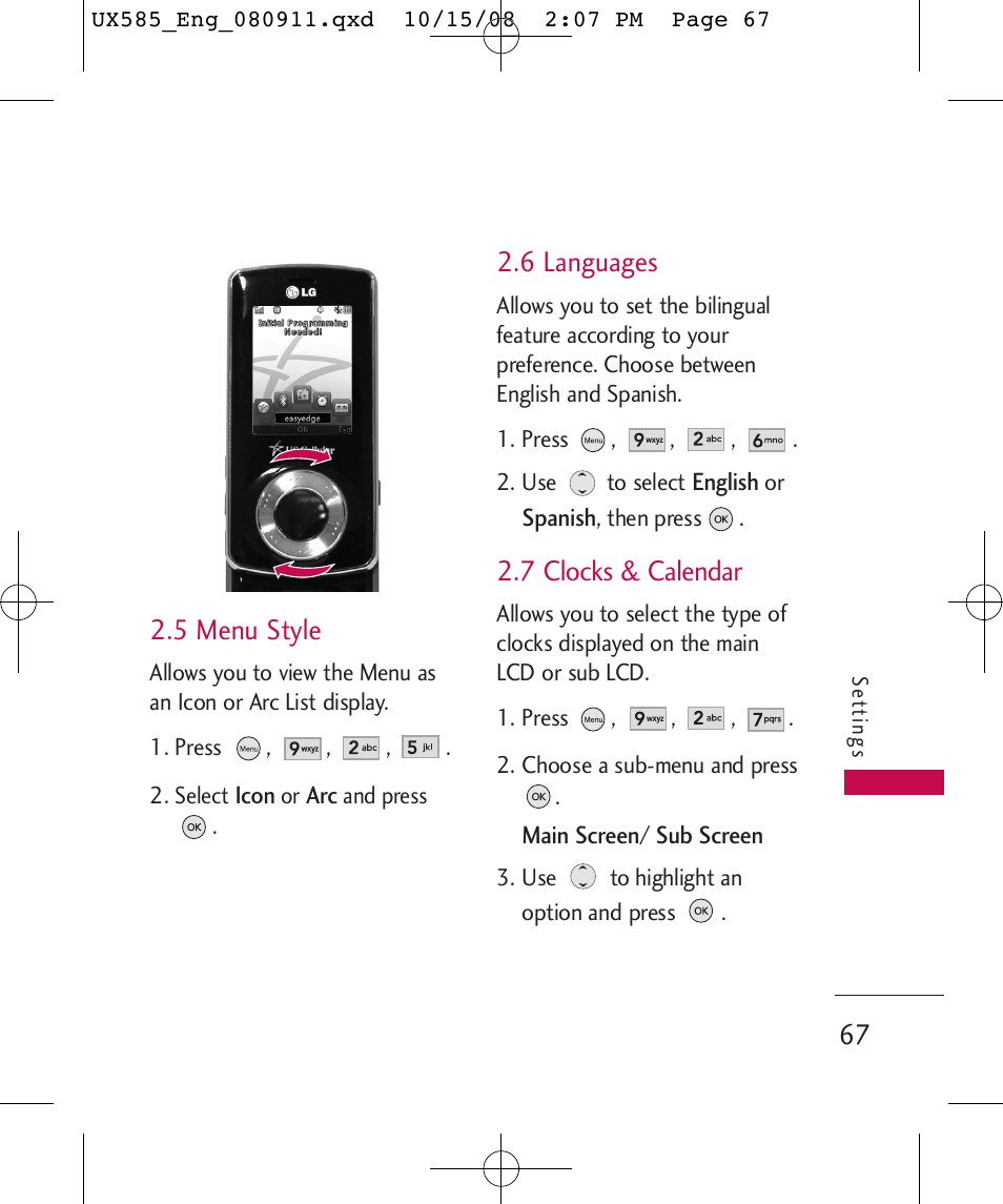 5 menu style, 6 languages, 7 clocks & calendar | LG LGUX585 User Manual | Page 69 / 240