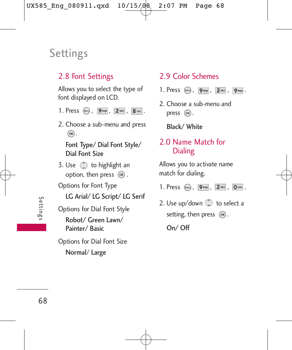 Settings, 8 font settings, 9 color schemes | 0 name match for dialing | LG LGUX585 User Manual | Page 70 / 240