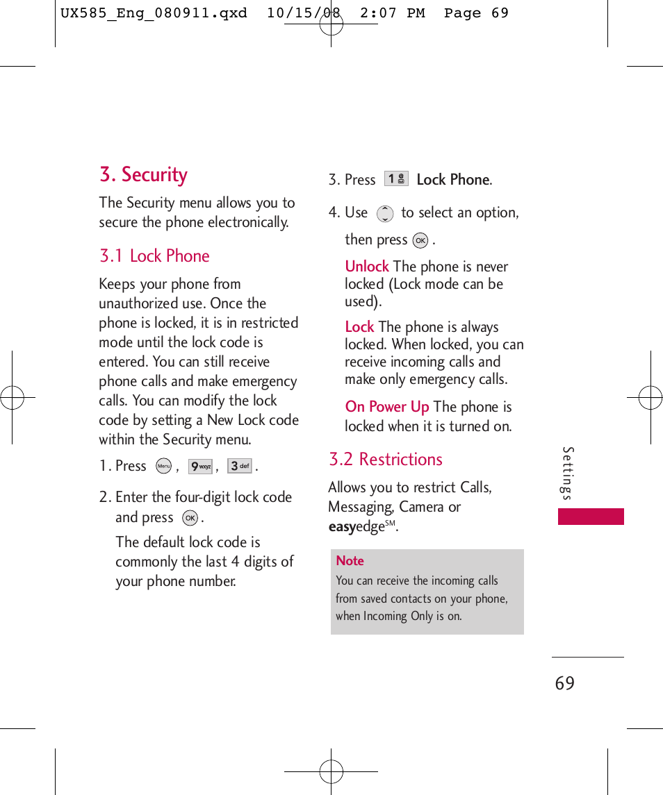 Security, 1 lock phone, 2 restrictions | LG LGUX585 User Manual | Page 71 / 240