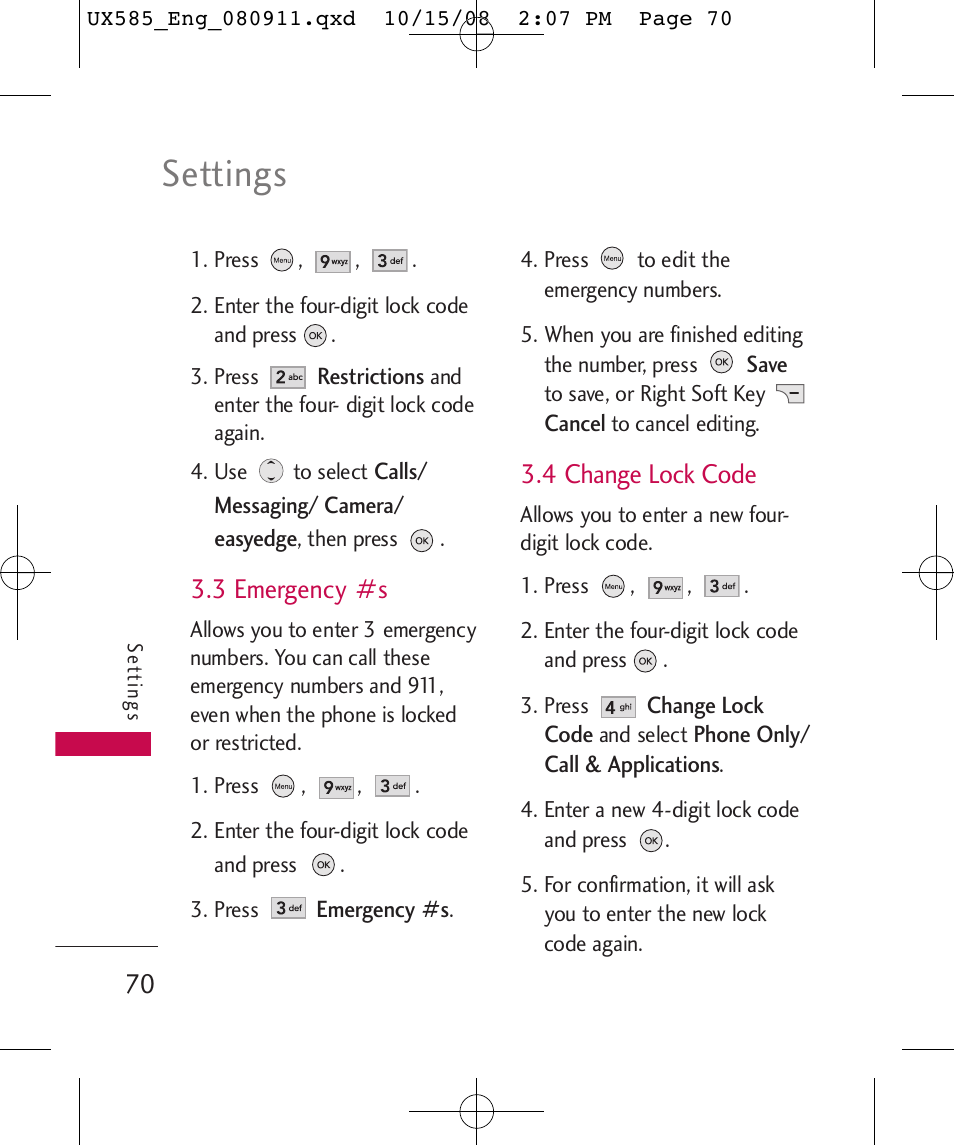 Settings, 3 emergency #s, 4 change lock code | LG LGUX585 User Manual | Page 72 / 240