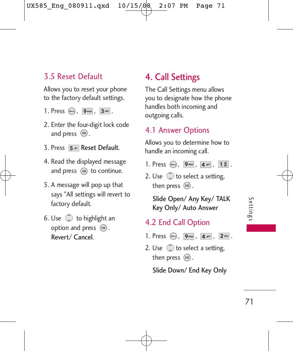 Call settings, 5 reset default, 1 answer options | 2 end call option | LG LGUX585 User Manual | Page 73 / 240