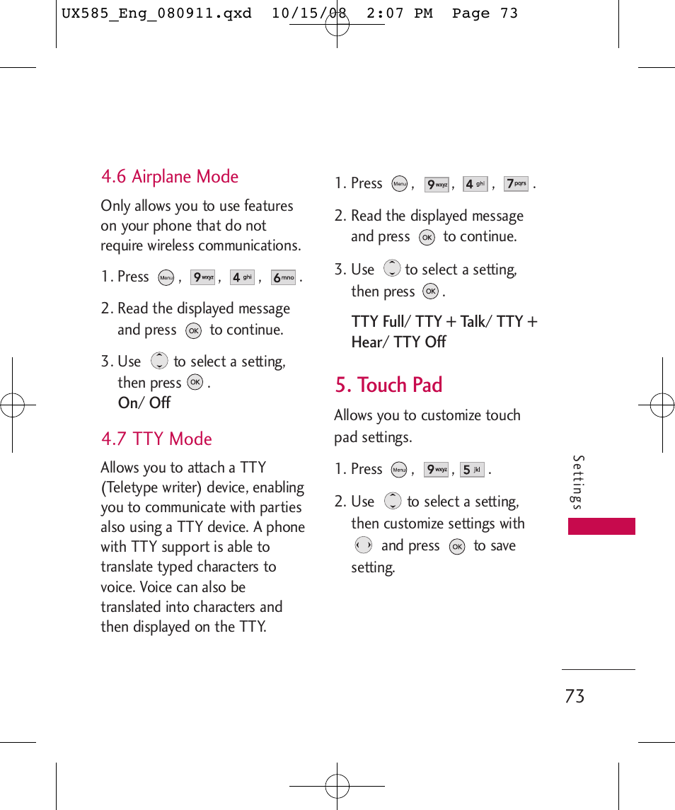 Touch pad, 6 airplane mode, 7 tty mode | LG LGUX585 User Manual | Page 75 / 240