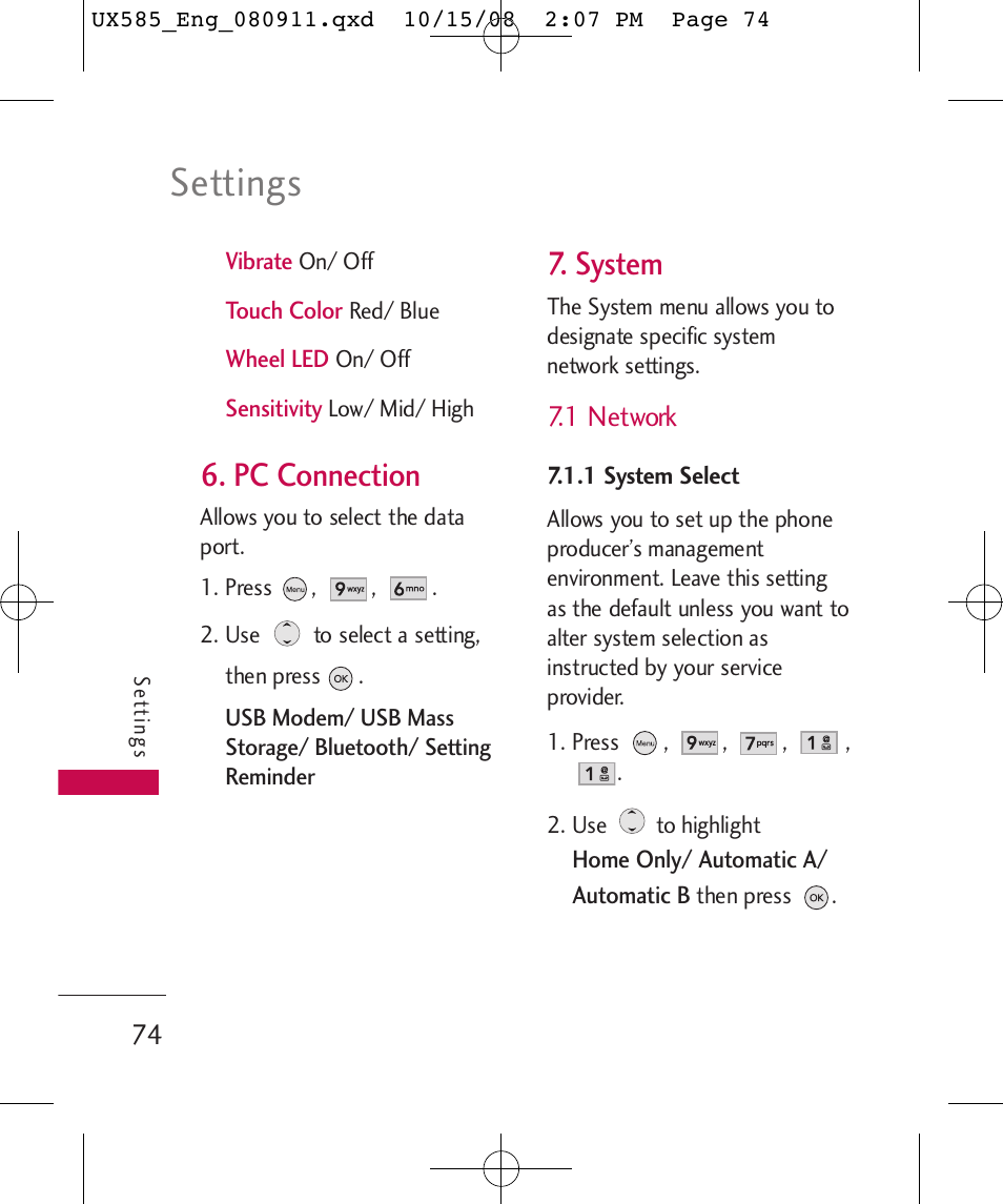 Settings, Pc connection, System | 1 network | LG LGUX585 User Manual | Page 76 / 240