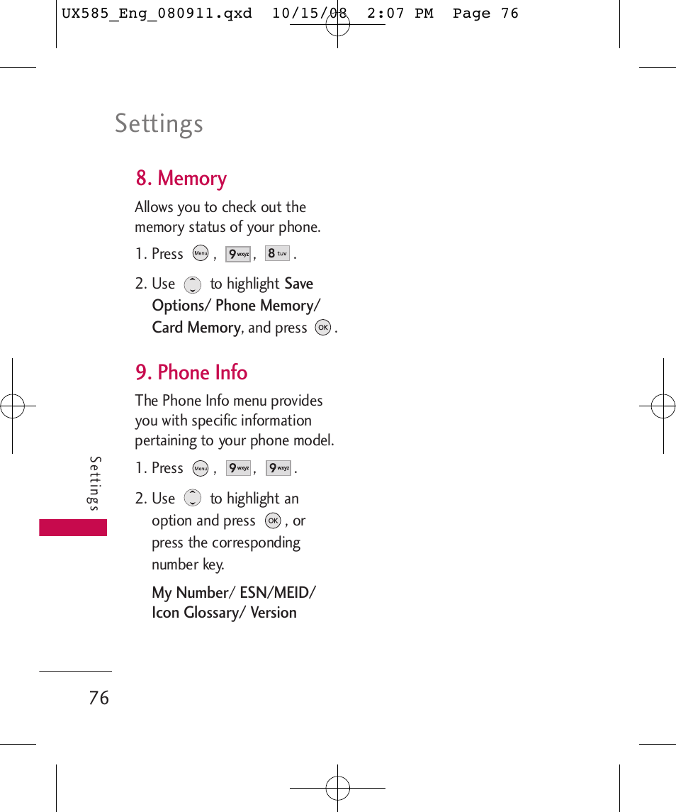 Settings, Phone info | LG LGUX585 User Manual | Page 78 / 240