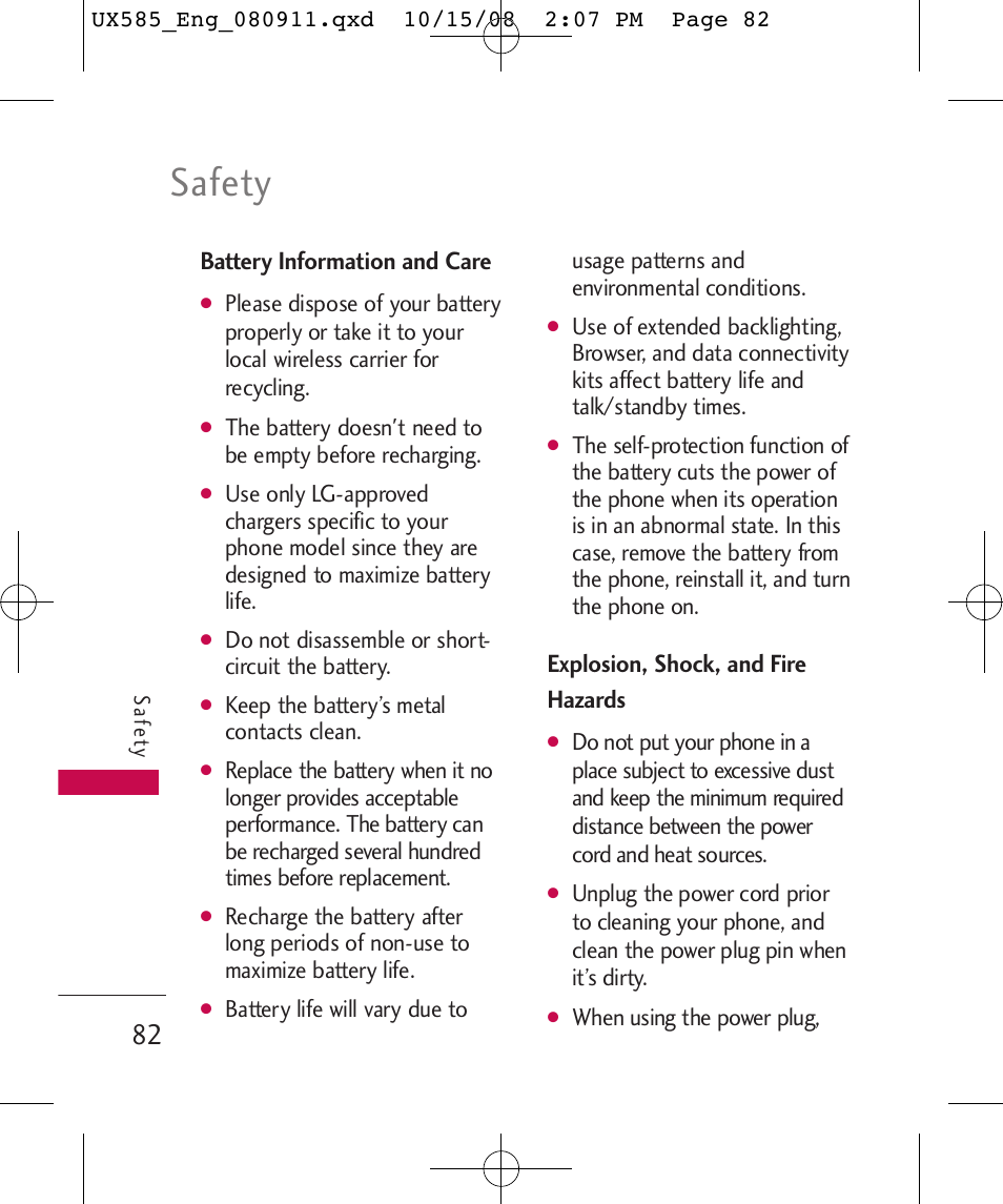 Safety, Battery information and care, Explosion, shock, and fire hazards | LG LGUX585 User Manual | Page 84 / 240