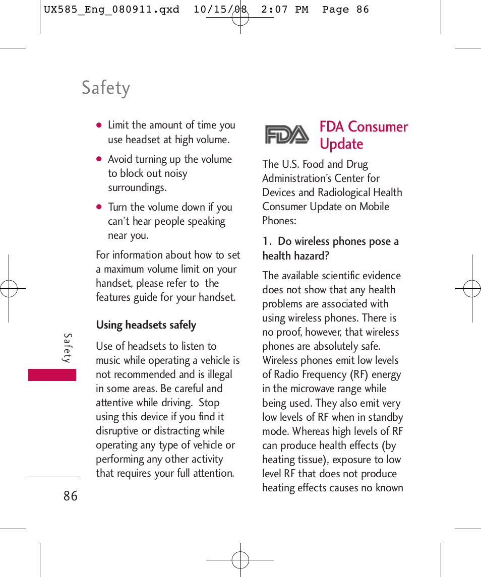 Safety, Fda consumer update | LG LGUX585 User Manual | Page 88 / 240