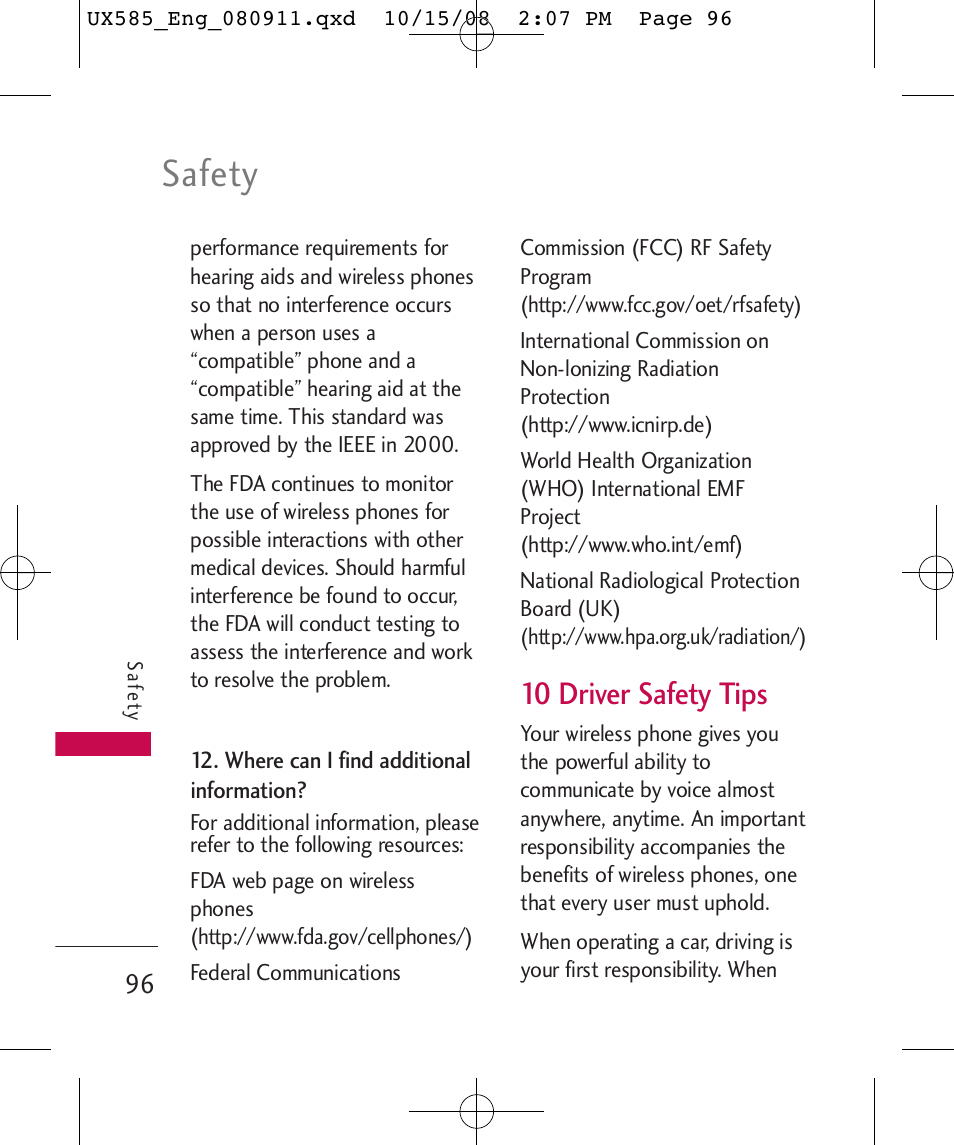 Safety, 10 driver safety tips | LG LGUX585 User Manual | Page 98 / 240