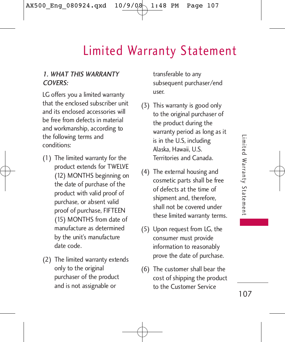 Limited warranty statement | LG LGAX500 User Manual | Page 107 / 115