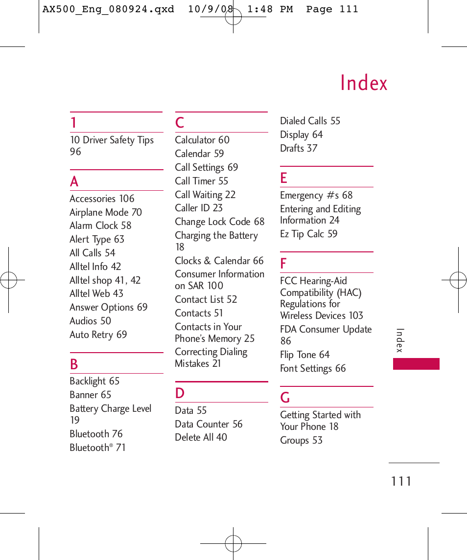 Index | LG LGAX500 User Manual | Page 111 / 115