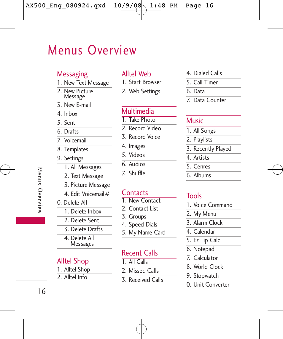 Menus overview | LG LGAX500 User Manual | Page 16 / 115