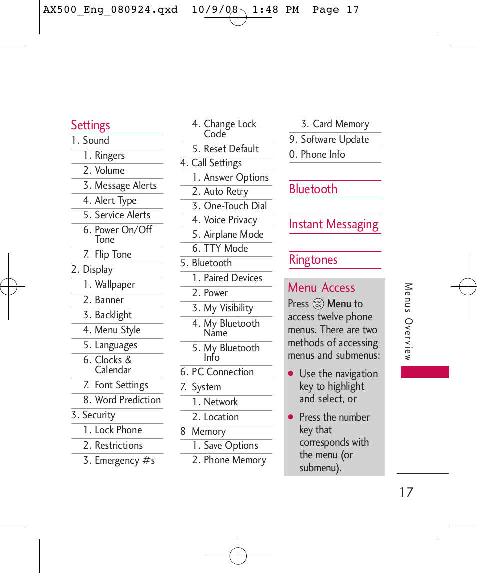 Settings, Bluetooth instant messaging ringtones menu access | LG LGAX500 User Manual | Page 17 / 115