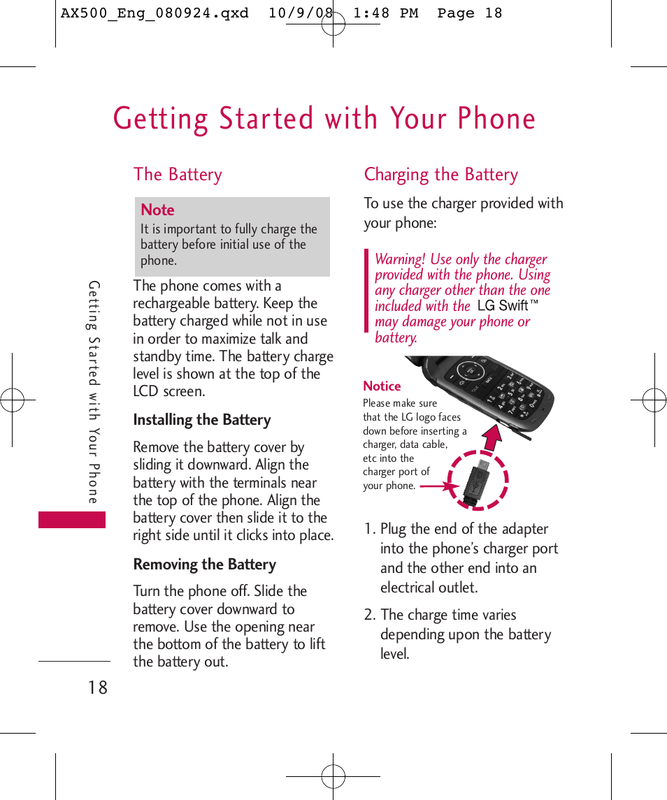 Getting started with your phone, The battery, Charging the battery | LG LGAX500 User Manual | Page 18 / 115