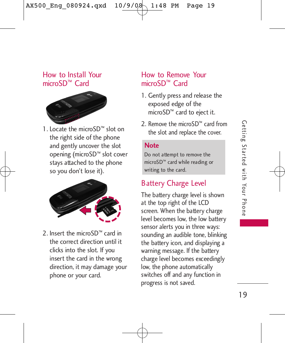 How to install your microsd, Card, How to remove your microsd | Battery charge level | LG LGAX500 User Manual | Page 19 / 115