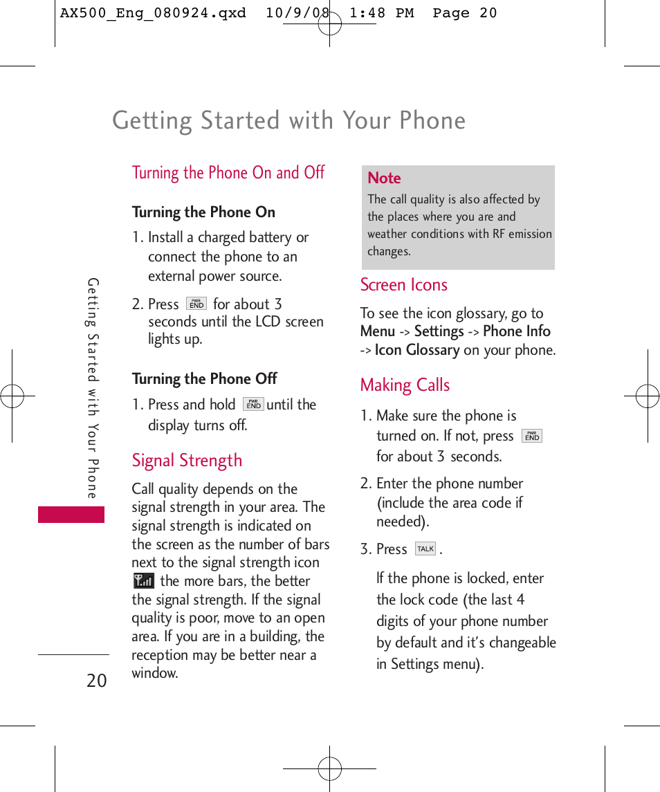 Getting started with your phone, Turning the phone on and off, Signal strength | Screen icons, Making calls | LG LGAX500 User Manual | Page 20 / 115