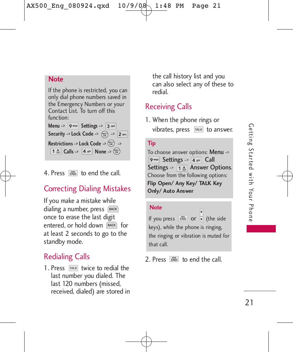 Correcting dialing mistakes, Redialing calls, Receiving calls | LG LGAX500 User Manual | Page 21 / 115