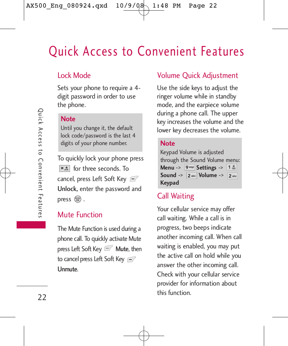 Quick access to convenient features, Lock mode, Mute function | Volume quick adjustment, Call waiting | LG LGAX500 User Manual | Page 22 / 115