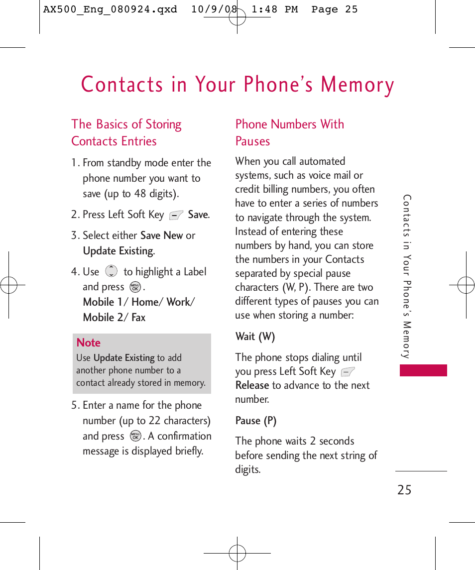 The basics of storing contacts entries, Phone numbers with pauses | LG LGAX500 User Manual | Page 25 / 115