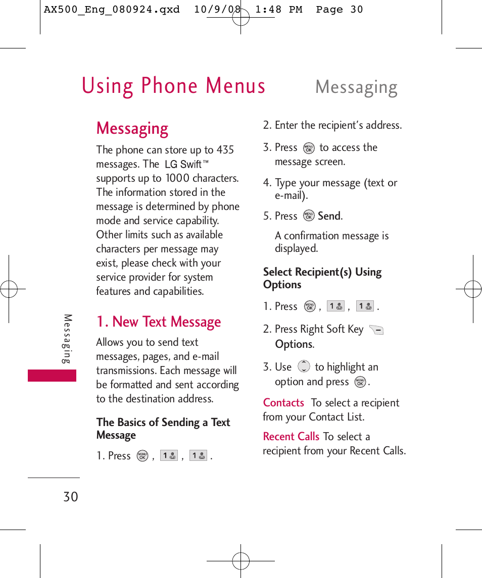 Using phone menus, Messaging, New text message | LG LGAX500 User Manual | Page 30 / 115