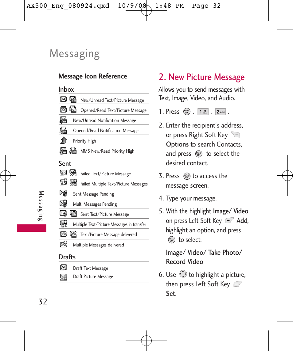 Messaging, New picture message | LG LGAX500 User Manual | Page 32 / 115