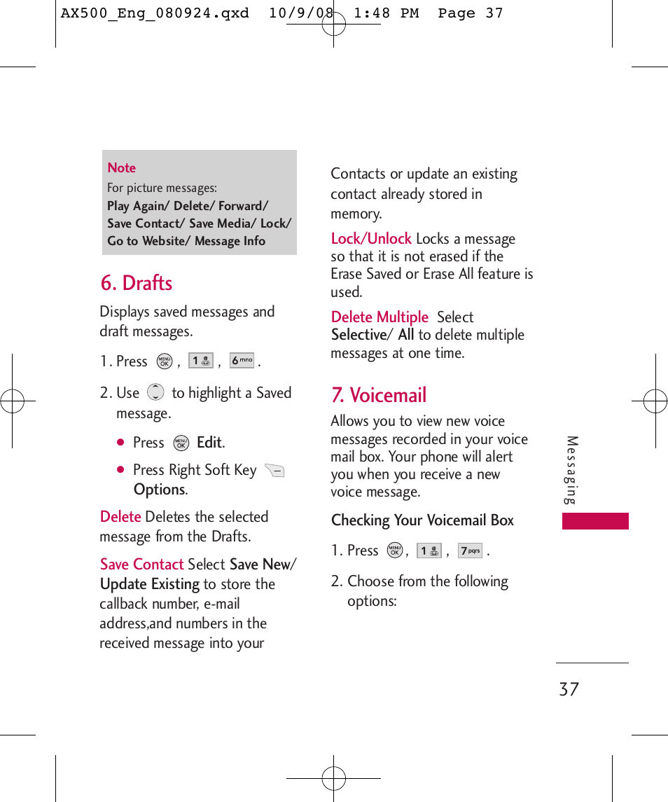 Drafts, Voicemail | LG LGAX500 User Manual | Page 37 / 115