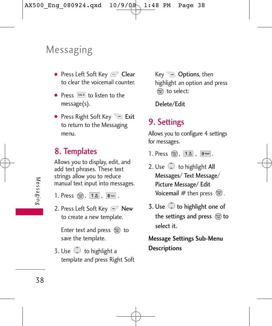 Messaging, Templates, Settings | LG LGAX500 User Manual | Page 38 / 115