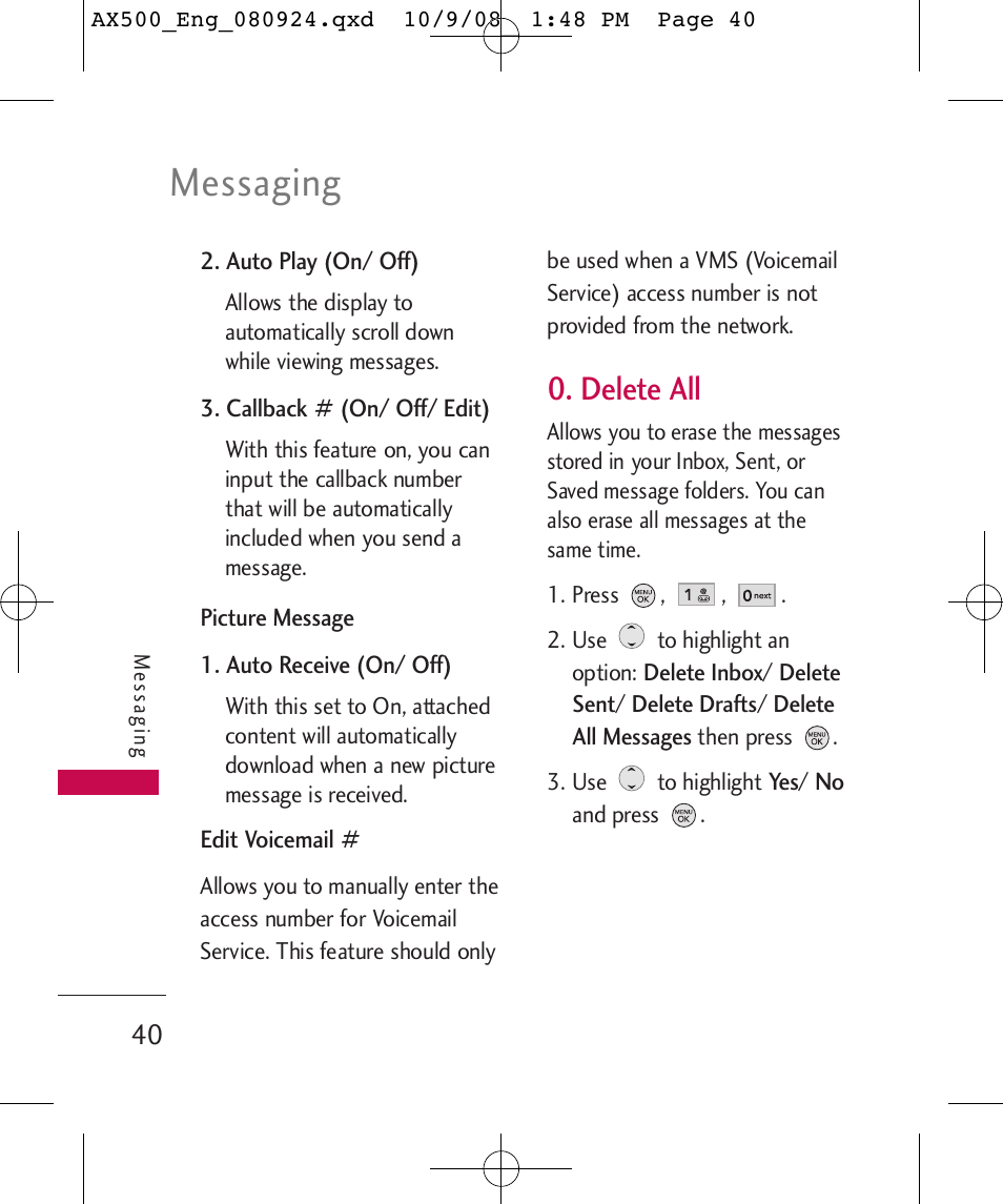 Messaging, Delete all | LG LGAX500 User Manual | Page 40 / 115