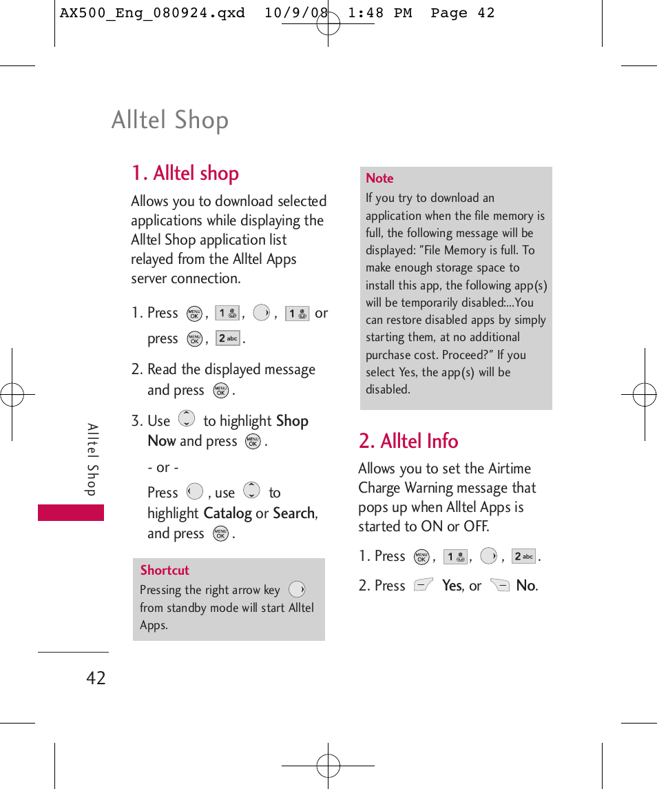 Alltel shop, Alltel info | LG LGAX500 User Manual | Page 42 / 115