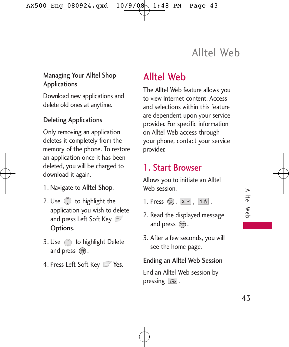 Alltel web, Start browser | LG LGAX500 User Manual | Page 43 / 115