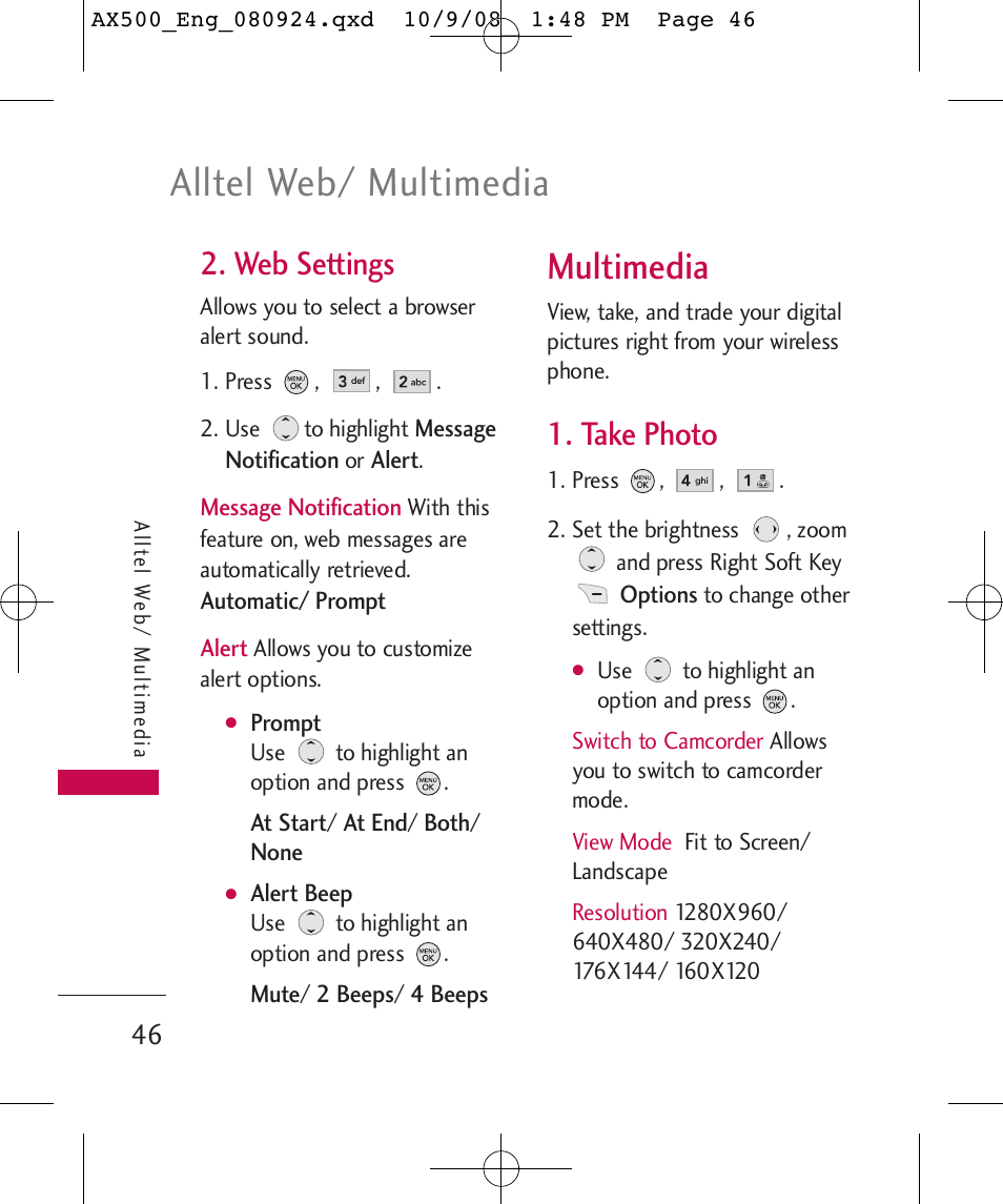 Alltel web/ multimedia, Multimedia, Web settings | Take photo | LG LGAX500 User Manual | Page 46 / 115