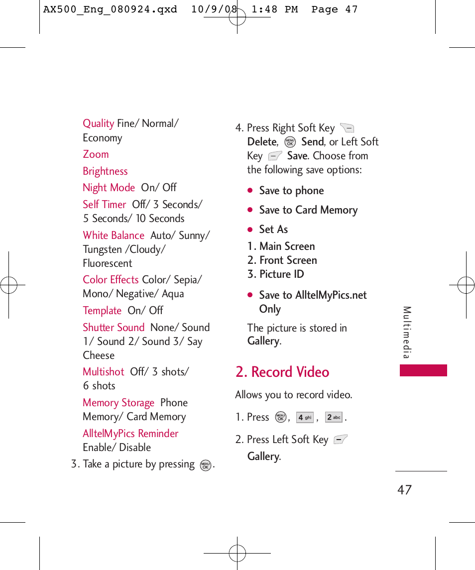 Record video | LG LGAX500 User Manual | Page 47 / 115