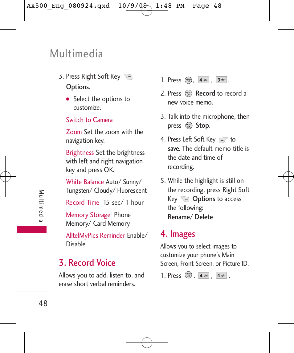 Multimedia, Record voice, Images | LG LGAX500 User Manual | Page 48 / 115