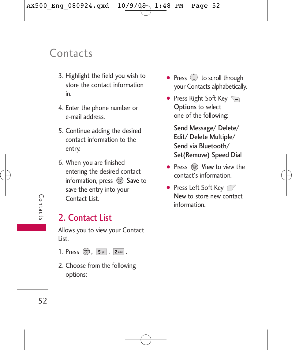 Contacts, Contact list | LG LGAX500 User Manual | Page 52 / 115