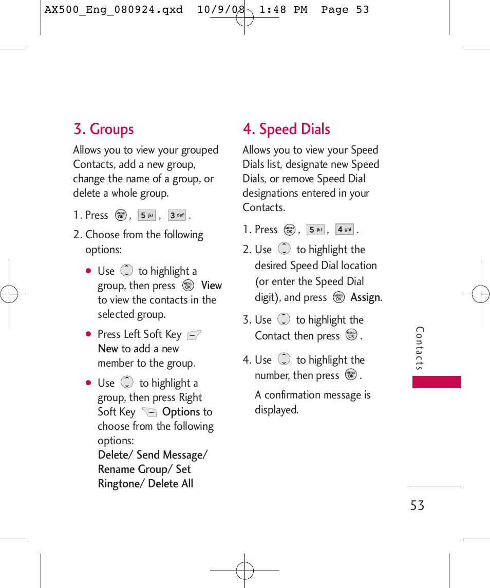 Groups, Speed dials | LG LGAX500 User Manual | Page 53 / 115