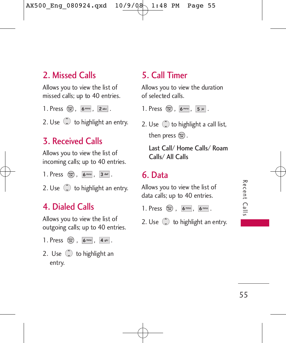 Missed calls, Received calls, Dialed calls | Call timer, Data | LG LGAX500 User Manual | Page 55 / 115