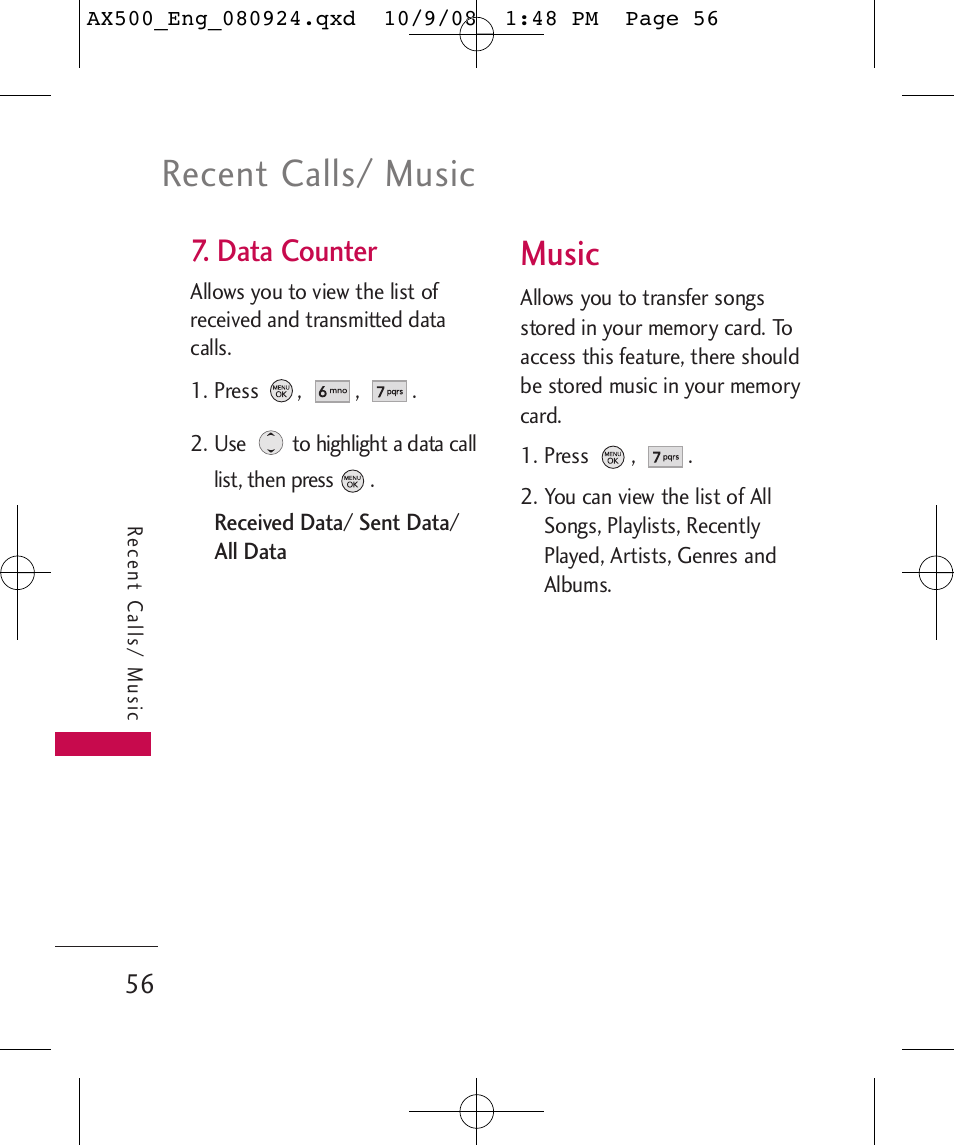 Recent calls/ music, Music, Data counter | LG LGAX500 User Manual | Page 56 / 115