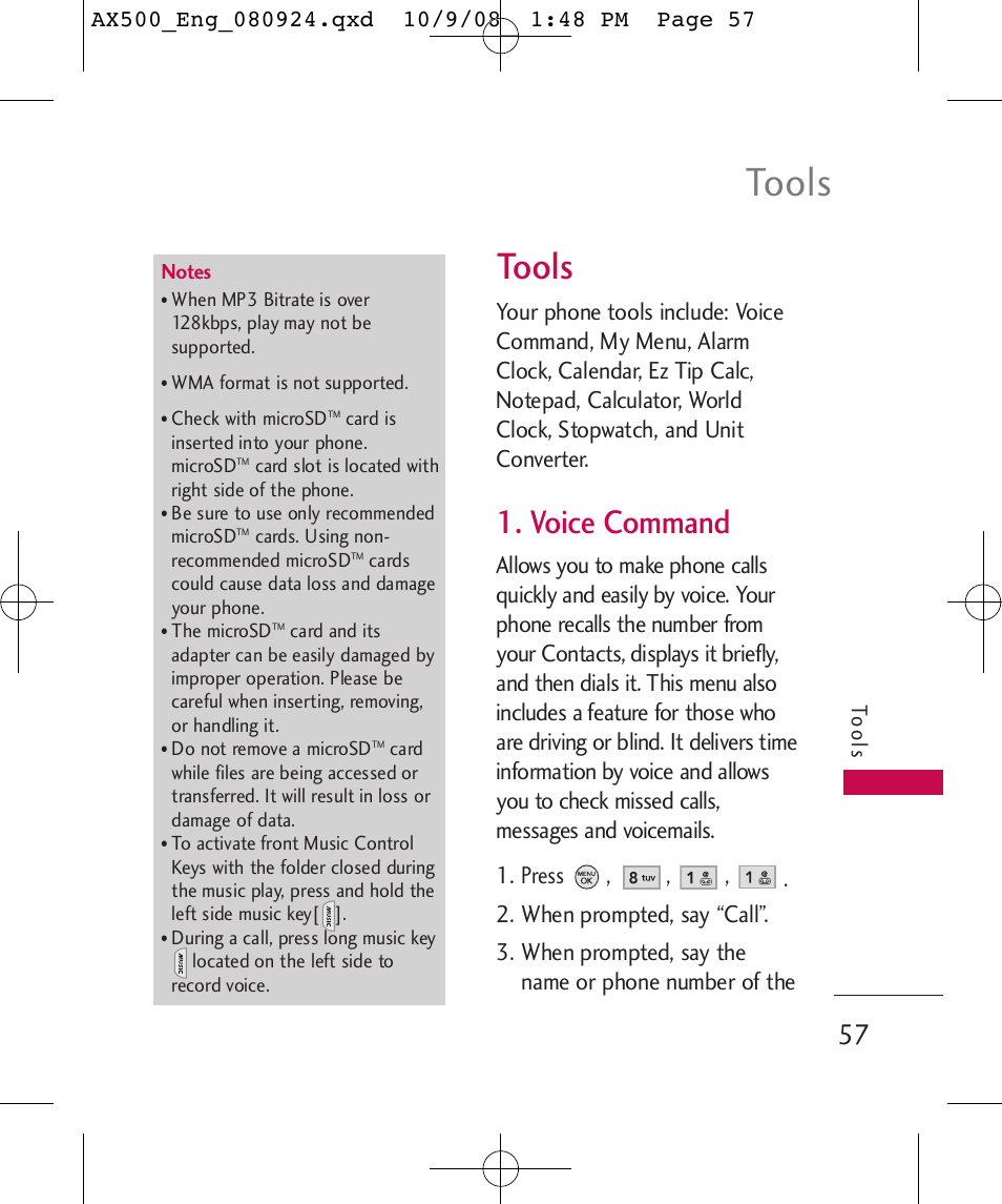 Tools, Voice command | LG LGAX500 User Manual | Page 57 / 115