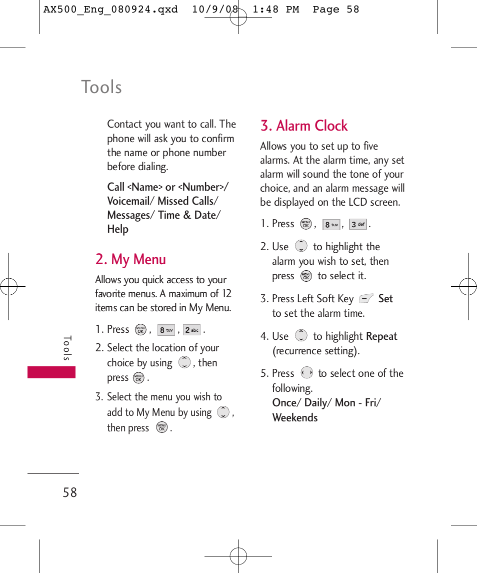 Tools, My menu, Alarm clock | LG LGAX500 User Manual | Page 58 / 115