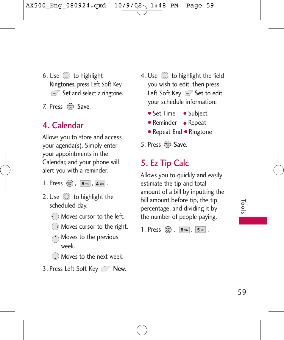 Calendar, Ez tip calc | LG LGAX500 User Manual | Page 59 / 115