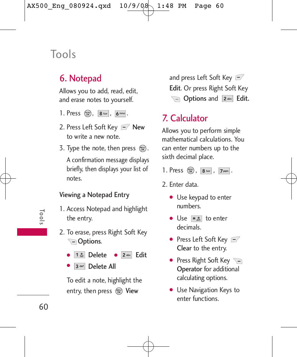 Tools, Calculator | LG LGAX500 User Manual | Page 60 / 115