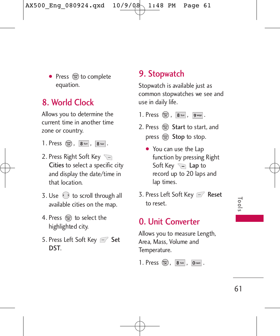 World clock, Stopwatch, Unit converter | LG LGAX500 User Manual | Page 61 / 115