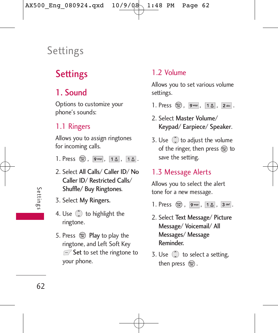 Settings, Sound, 1 ringers | 2 volume, 3 message alerts | LG LGAX500 User Manual | Page 62 / 115